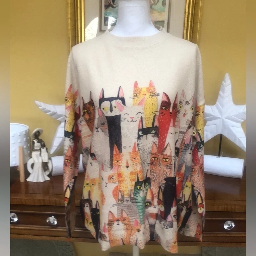 Womens Plus Size All Over Cat Party Print Long Sleeve Pullover Sweater Size XXL